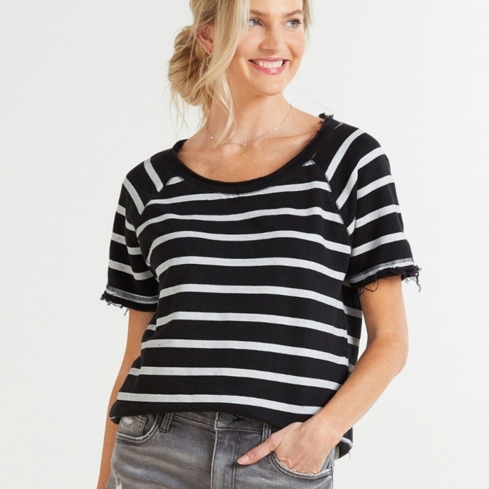 Chaser Evereve Black and White Linen French Terry Sweatshirt Tee M NWT